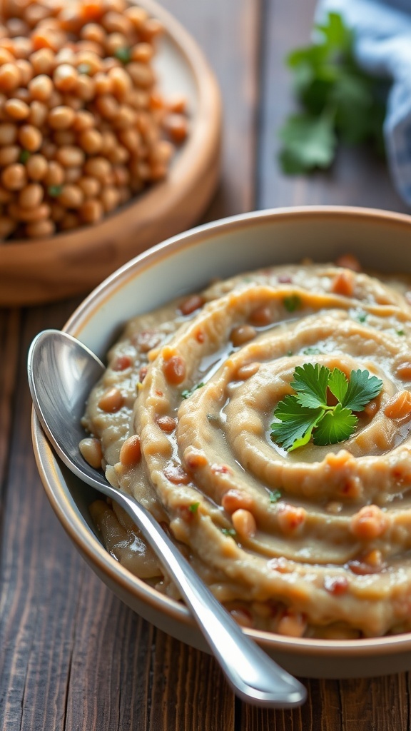 A bowl of mashed lentils garnished with parsley on a rustic wooden table.